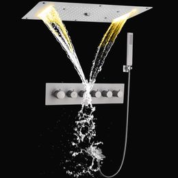 Mezclador de ducha de lluvia de níquel cepillado 70x38 cm LED Termostático de baño Termostático Combo Combo con cabezal de spray de mano