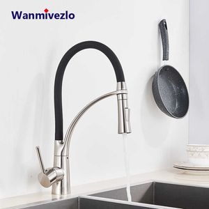 Grifo de cocina de caucho de níquel cepillado Grifo mezclador Rotación Pull Down Stream Pulverizador Grifos Grifo de agua fría Una manija Grifo de cocina 210724