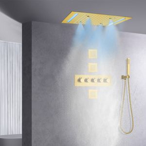 Juego de sistema de ducha LED con lluvia cepillada, 14 x 20 pulgadas, rectángulo montado en el techo, baño grande, lluvia atomizadora de lujo, grifo termostático de latón