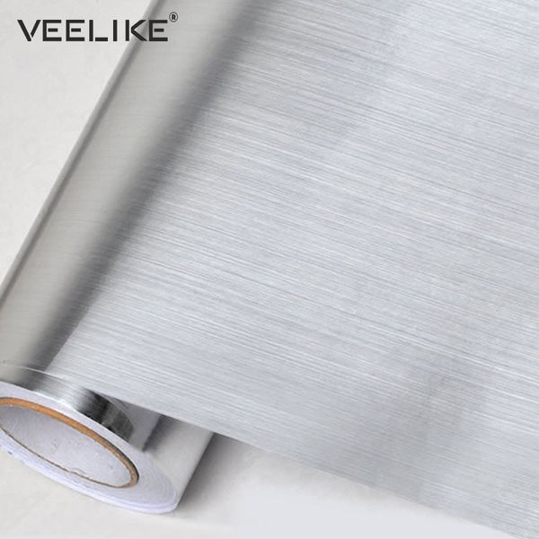 Película decorativa de plata cepillada PVC Vinilo autoadhesivo Papel tapiz Papel de contacto de acero inoxidable Cocina Decoración para el hogar Pegatinas de pared 201201