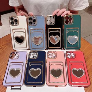 Bling diamante espelho cartão bolso casos para iphone 15 14 pro max 13 12 11 x xr 8 7 plus macio tpu slot para cartão id coração amor chapeamento metálico cromado furo fino capa traseira móvel