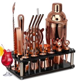 Borstels 20 stks/set rosé goud barman kit, staartshaker set met roterende acrylstandaard, voor gemengde dranken martini thuisbar keukengereedschap