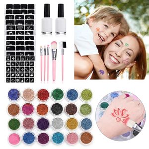 Brosses 24 couleurs diamant paillettes ensemble de tatouage temporaire paillettes poudre maquillage brosse tatouage colle tatouage fête visage corps Art Kits pour enfants