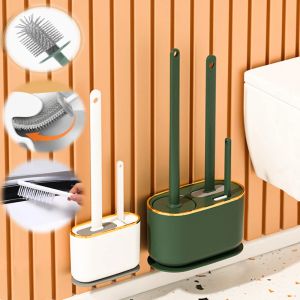 Borstels 3 -piece set siliconen toiletborstel en houder reinigingsgereedschap muur gemonteerd wit 360 geen dode hoek multifunctionele WC -accessoires