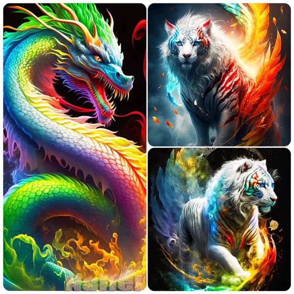 Brosses 5d Diamond Painting Dragon Tiger Full Drill Diamond Mosaic Painting Fantasy Animal Diamond Broids Kits DIYHOME Decor Gift