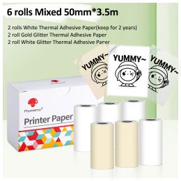 Borstels 6 rollen phomemo wit/goud/glitter selfadhesive thermisch papier sticker 50 mm*3,5 m voor m02/m02s/m02Pro mini protable printer