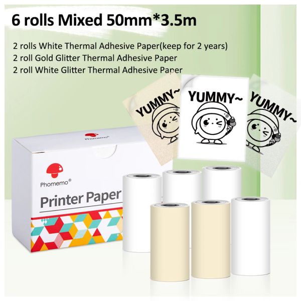 Brosses 6 rouleaux Phomemo blanc / or / paillettes auto-adadhésives en papier thermique autocollant 50 mm * 3,5 m pour m02 / m02s / m02pro mini imprimante protable