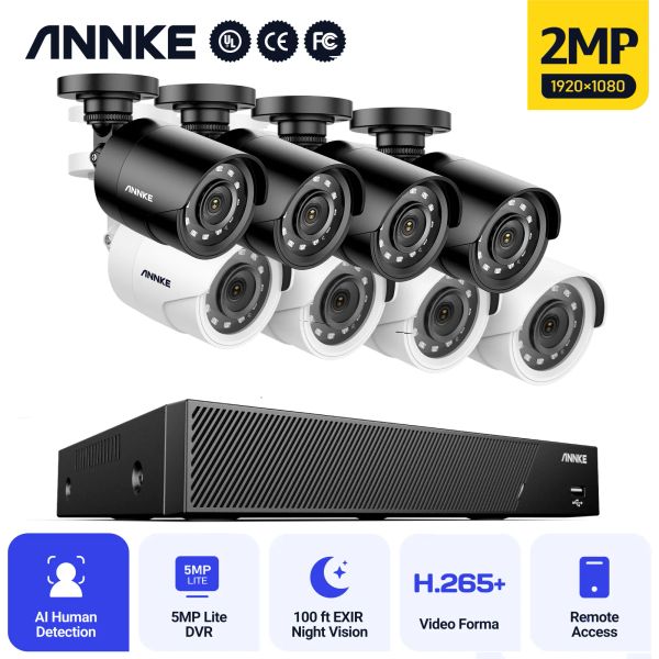 Cepillos Annke 8CH 2MP HD Sistema de seguridad de video H.265+ 6in1 5MP Lite DVR 4x 8x 1080p Kits de cámaras de seguridad de CCTV resistentes a la intemperie al aire libre CCTV