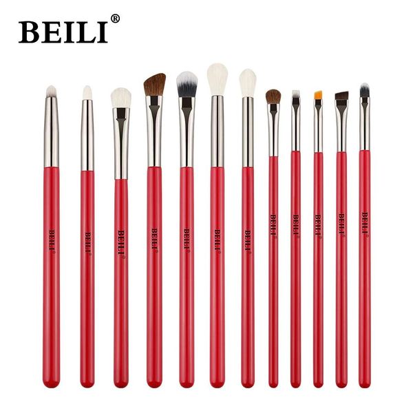 Brushes Beili Red 1218 Uds. Juego de brochas de maquillaje, pelo de poni de cabra, sombra de ojos, base para cejas, delineador de ojos, mezcla, brocha de maquillaje profesional