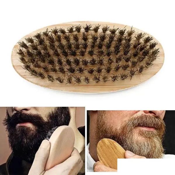 Cepillos Cepillo de barba de cerdas de jabalí Mango de madera redondo duro Peine antiestático Herramienta de peluquería para hombres Recorte personalizable 1129 Drop Dhmdj