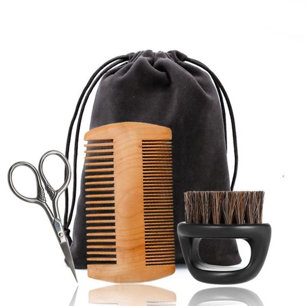 Brosses soins outils de coiffure produits capillaires 3 pièces peigne à barbe en bois et brosse à poils naturels avec ensemble de ciseaux pour hommes