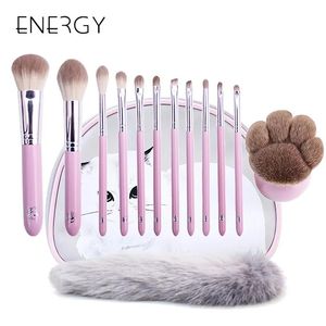 Borstels Energy Cat Series 12-delige make-up kwastensets Kits Synthetisch haar Roze borstel Make-up tools Kwasten van hoge kwaliteit met kattenstaarttas