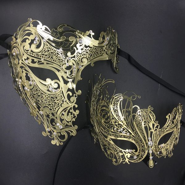 Brosse son couple His Glitter Hinestones Metal Filigree Masquerade Mask Venetian Costume Prom Party Ball Christmas Half Skull Masque