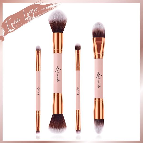 Ensemble de pinceaux de maquillage professionnels à Double tête, 4 pièces, Rose or, marque privée, tampon de fond de teint, Contour cosémique, outils à deux voies