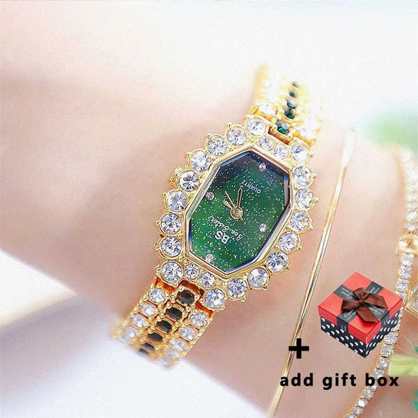 Bs robe élégante femme montres célèbre marque mode diamant vert femme montre-bracelet en acier inoxydable horloge montre femme 210527