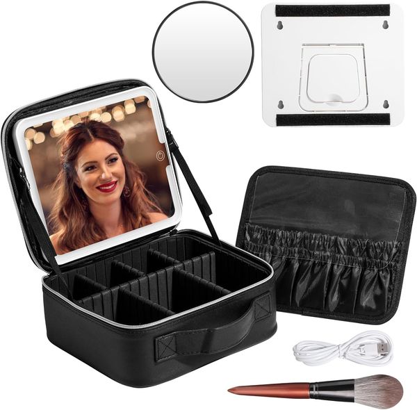 BS-MALL Maquillage LED Étui Porte-Pinceau De Maquillage Avec LED Miroir Outil De Maquillage Organisateur Sac Maquillage Brosse Sac avec Épaule