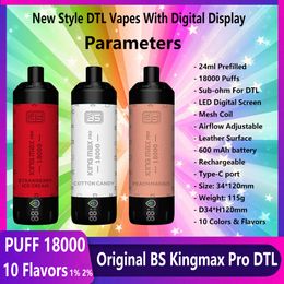 BS New Original Puff 18000 Vapes King Max Pro Dtl Vaper 18000 Puff 18K Shisha Bar de vape jetable 24ml Pod Mesh Coil Vapor Vapor Vs Al Fakher 15000 Puff 20000 Big Cloud