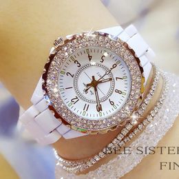 BS Top Brand Luxury pols horloge voor vrouwen blanke keramische band dames kijken kwarts mode dames steentjes bruine horloges 240425