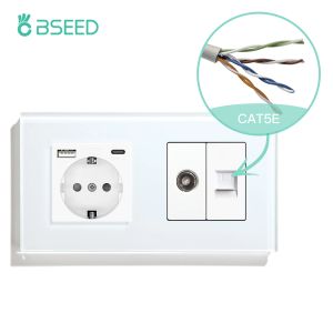 Prise à double paroi standard de l'Europe BSEED avec télévision des prises d'ordinateur Triple Triple USB Type-C Charge Ports avec panneau de verre en cristal