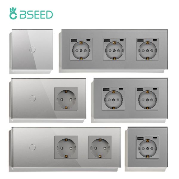 BSEED interrupteur d'éclairage mural tactile 1/2/3 interrupteur à capteur avec prise de courant ue panneau en verre gris USB norme ue rétro-éclairage bleu foncé 240108