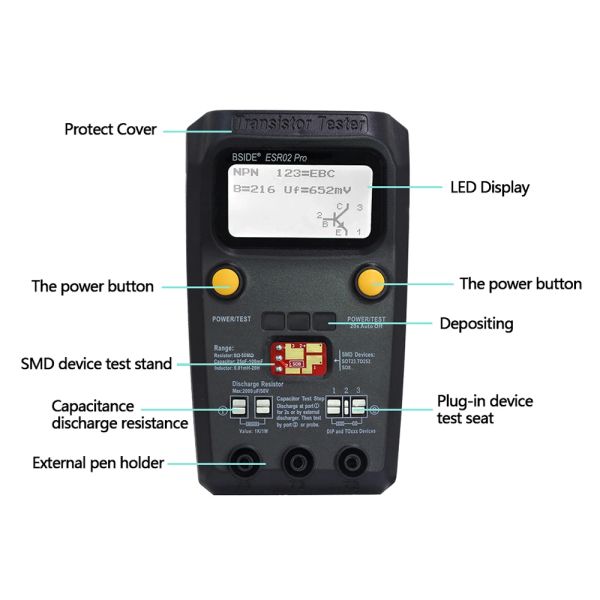 BSide ESR02 Pro Transistor Tester Digital Tester Diodo TRIODO Capacitancia de resistencia Inductancia MOSFET NPN PNP TRIAC MOS Detector