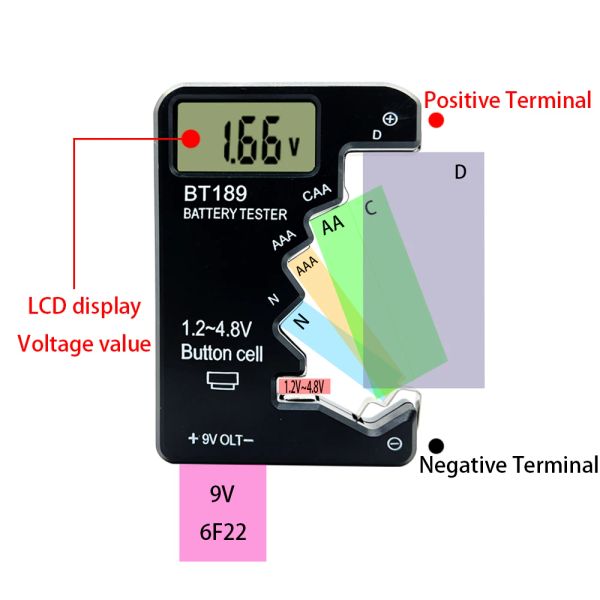 BT-189 AA/AAA/C/D/9V/1.5V Capacidad de la batería Probador de batería BT189 Pantalla LCD Vuelva universal Tester de batería