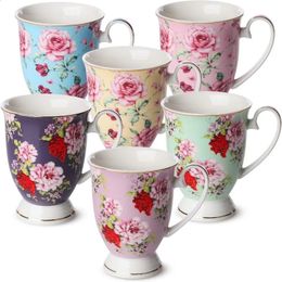 Tasses à café btat 12 oz ensemble de 6 tasses de thé à thé de porcelaine florale en porcelaine de porcelaine grande 240407
