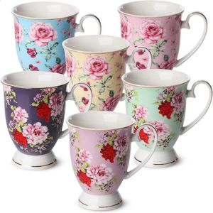 Tasses à café btat 12 oz ensemble de 6 tasses de thé à thé de porcelaine florale en porcelaine de porcelaine grande 240407