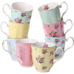 Tasses à café royal BTAT 12 oz Ensemble de 8 tasses à thé de porcelaine florale en porcelaine de porcelaine grand 240407