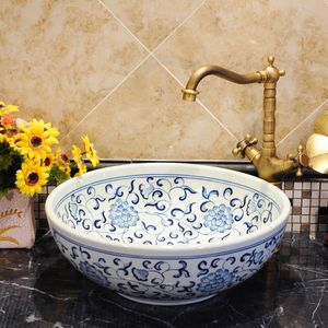 Lavabo de comptoir de salle de bains, vestiaire, lavabo peint à la main, éviers de salle de bains, lavabo en porcelaine bleue et blanche antique
