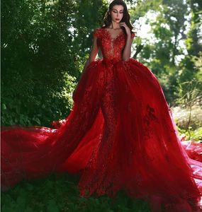 Bubai Wine Red Mermaid Wedding Jurk met afneembare trein 2023 Saoedi -Arabische kanten knop Appliques Bridal Dresses Vestidos de noiva