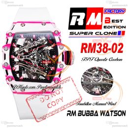 Bubba Watson 38-02 MANUAL WIND REAL TOURBILLON MENS Watch RMF Pink TPT Quartz Carbon Skeleton Red Dignet White Rubber Strap Super Edition Puretime Reloj Hombre Ptrm