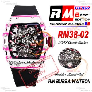 Bubba Watson 38-02 MANUAL WIND REAL TOURBILLON MENS Watch RMF White Pink TPT Quartz Squelette en carbone Skeleton Red Strap en caoutchouc noir Super Edition Puretime Reloj PTRM