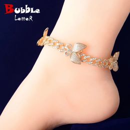 Bulle lettre papillon Miami lien cubain bracelets de cheville pieds bijoux pour femmes véritable plaqué or Hip Hop charmes 240323
