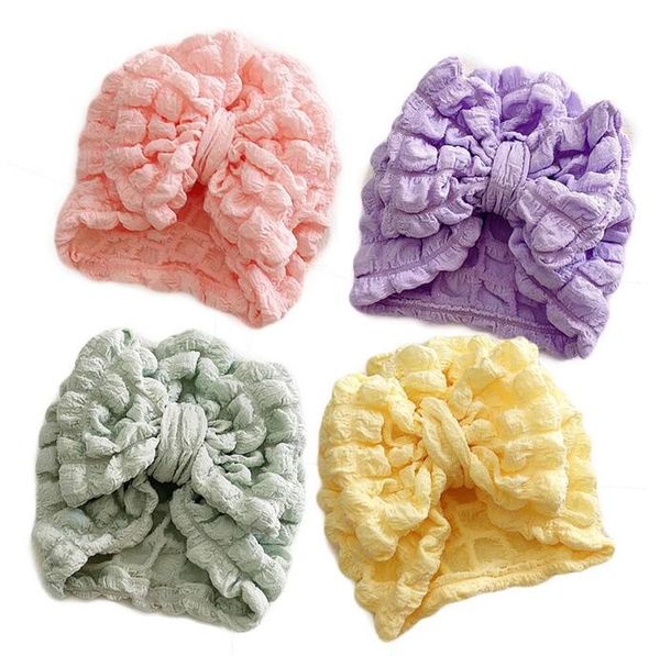 Bonnet imprimé à bulles pour bébé filles grand chapeau Turban nœud papillon enfants casquette indienne bonnets en coton infantile popcorn chapeaux nouveau-né chapeaux