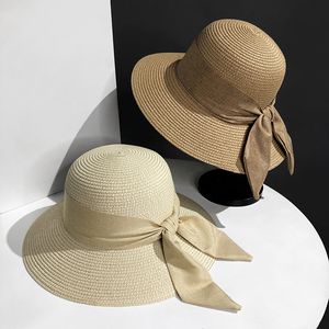 Chapeau seau plage été chapeaux De paille pour femmes haut plat ruban nœud papillon élégant luxe paille femmes été chapeaux Sombreros De Mujer