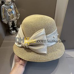 Chapeau seau avec écharpe en soie, chapeau de luxe en paille de perles, casquette de pêcheur à bord avare, chapeau de soleil respirant pour vacances d'été