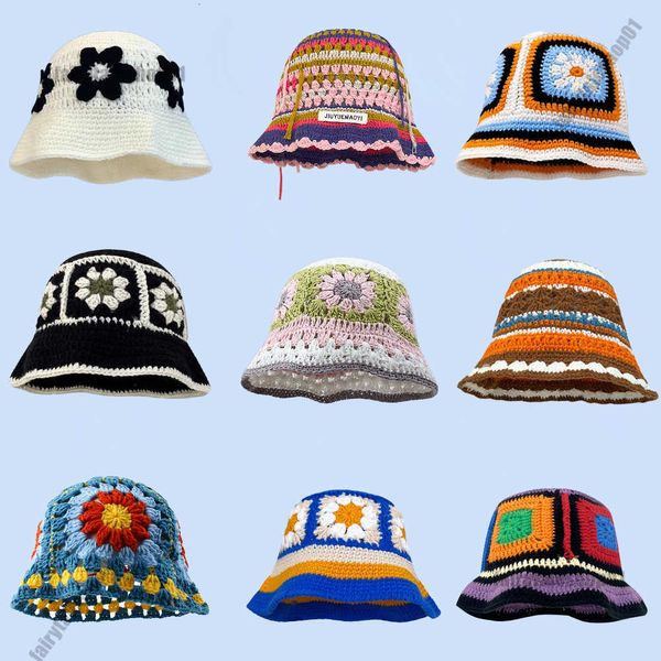 Chapeaux bobs Chapeaux à large bord Chapeaux de seau Automne Crochet Chapeau Coréen À La Main Chapeau De Seau Femmes Tissage Tricoté Chapeau Y2k Mode Fleurs Automne Hiver Bonnets 230829