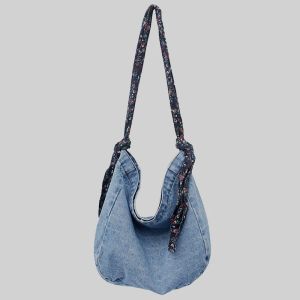 Emmers vrouwelijke landelijke denim hobo handtas met kleine bloemengordel 2023 tiener student gewassen jeans stof dagelijkse schattige slouch messenger tas