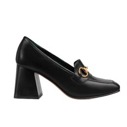 Buckle Decoratie Loafers Slip-on schoenen blok Heel Black ivoor kalfsleer vrouwen modepompen