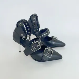 Boucle en cuir ceinture sandales noires femmes chaussures dames pointues tête sapatos féminino stiletto talons hauts zapatillas de mujer 2024 819 430