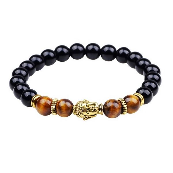 Bracelet jonc extensible tête de bouddha fait à la main Bracelet en perles de pierre d'agate noire pour femmes hommes