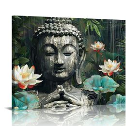 Boeddha -standbeeld Decor Wall Art With Gold Foly Canvas Painting Lotus Flower Boeddha Hoofd Afbeelding Green Zen Art Work voor badkamer slaapkamer muren