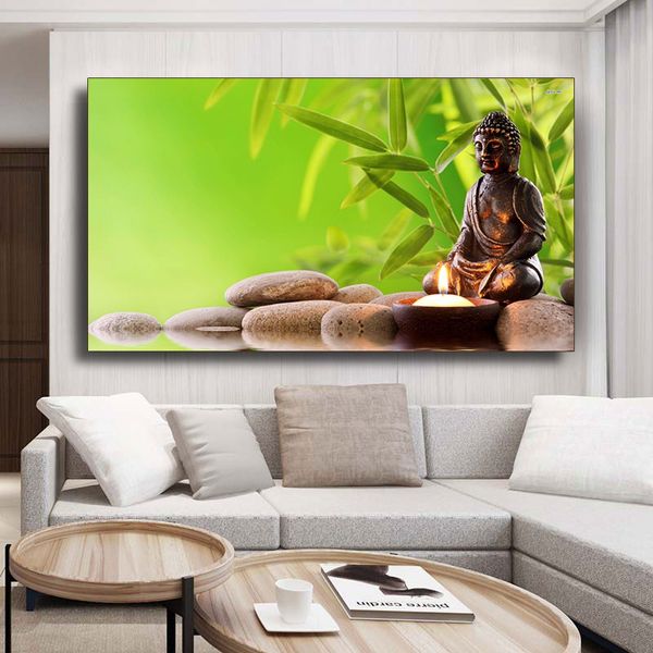 Pósteres e impresiones de estatua de Buda, pintura en lienzo, Cuadros, budismo, bosque de bambú, Zen, imágenes artísticas de pared para decoración para sala de estar