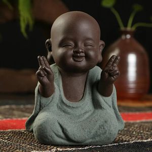 Statues de bouddha petit moine couleur sable en céramique, décoration géomantique de club de maison, Figurines de sable violet thé Pet 240102