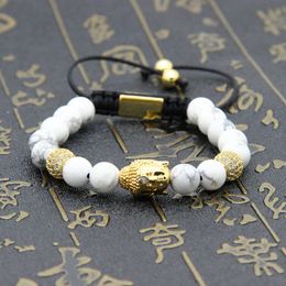 Boeddhisme sieraden groothandel 10 stks / partij 8mm witte howliet marmeren steen met duidelijke cz grote boeddha hoofd verstelbare armbanden