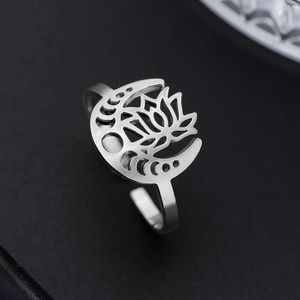 Boeddhisme lotus bloem ringen roestvrij staal goud kleur halve maan open vinger ring vrouwen vintage amulet sieraden geschenken