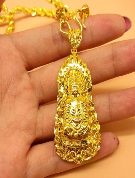 Collar con colgante budista Guanyin, cadena de cuerda, adorno relleno de oro amarillo de 18 quilates, amuleto de Buda, joyería Vintage para mujeres y hombres 1570593