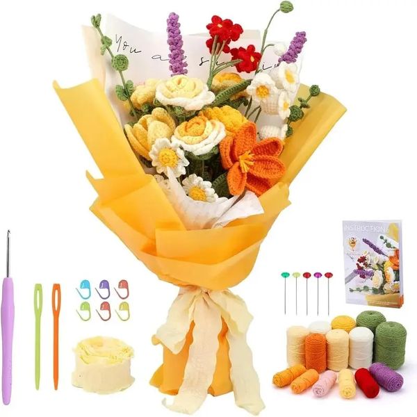 Bouquet de fleur de bouquet kit de tricot en crochet avec crochet crochet et ruban de papier enveloppé pour tissu de tissu bricolage artisanal artisanal 240510