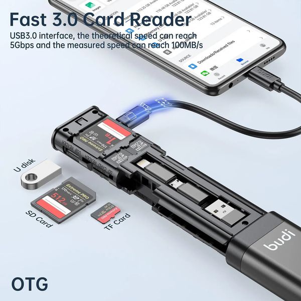 Budi Multifunct 9 en 1 Câble de carte SD Câble USB 3.0 Type-C Adaptateur 5 Gbps Transfer Memory Carte High Speed Reader Tool Box 240419